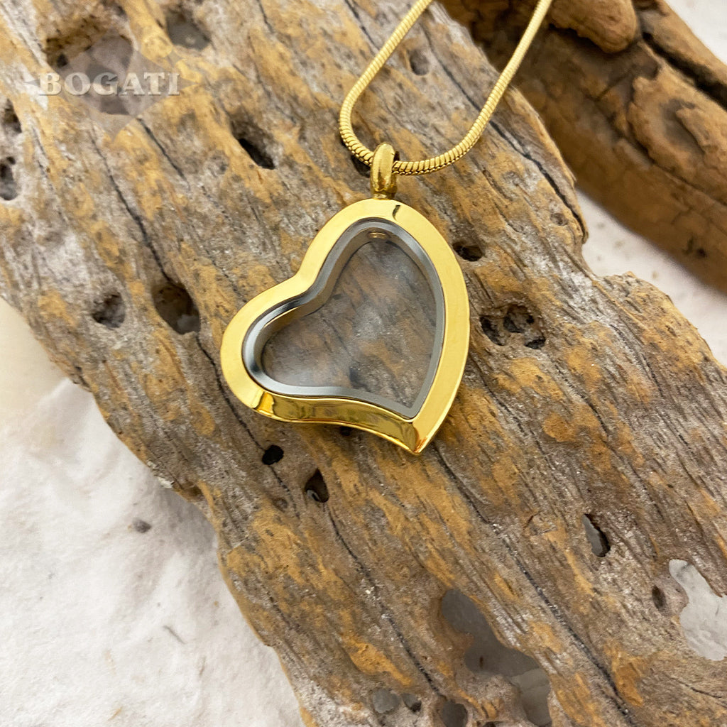 J-8886 - Fillable Curved Glass Heart - Pendant with Chain