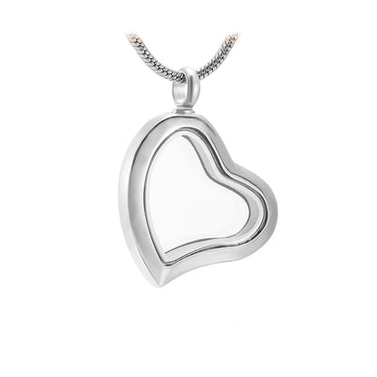 J-8886 - Fillable Curved Glass Heart - Pendant with Chain - Silver