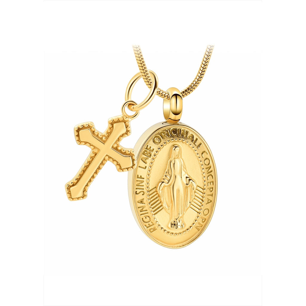 J-908 - Virgin Mary and Cross - Pendant with Chain - Gold