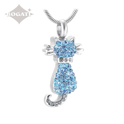 J-921 - Cat With Rhinestones Pendant Chain Blue