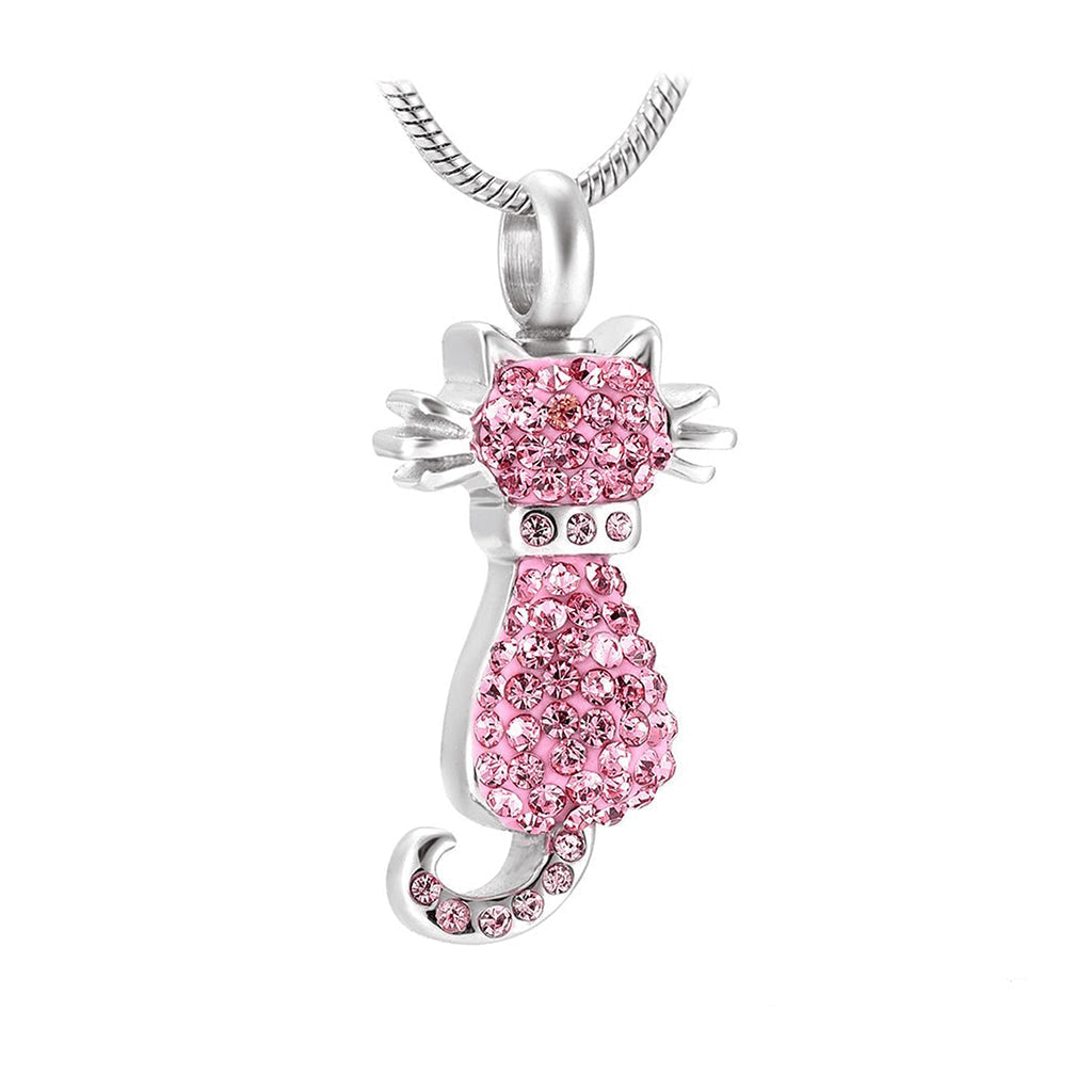 J-921 - Cat With Rhinestones Pendant Chain Pink