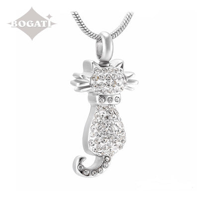 J-921 - Cat with Rhinestones - Pendant with Chain Clear