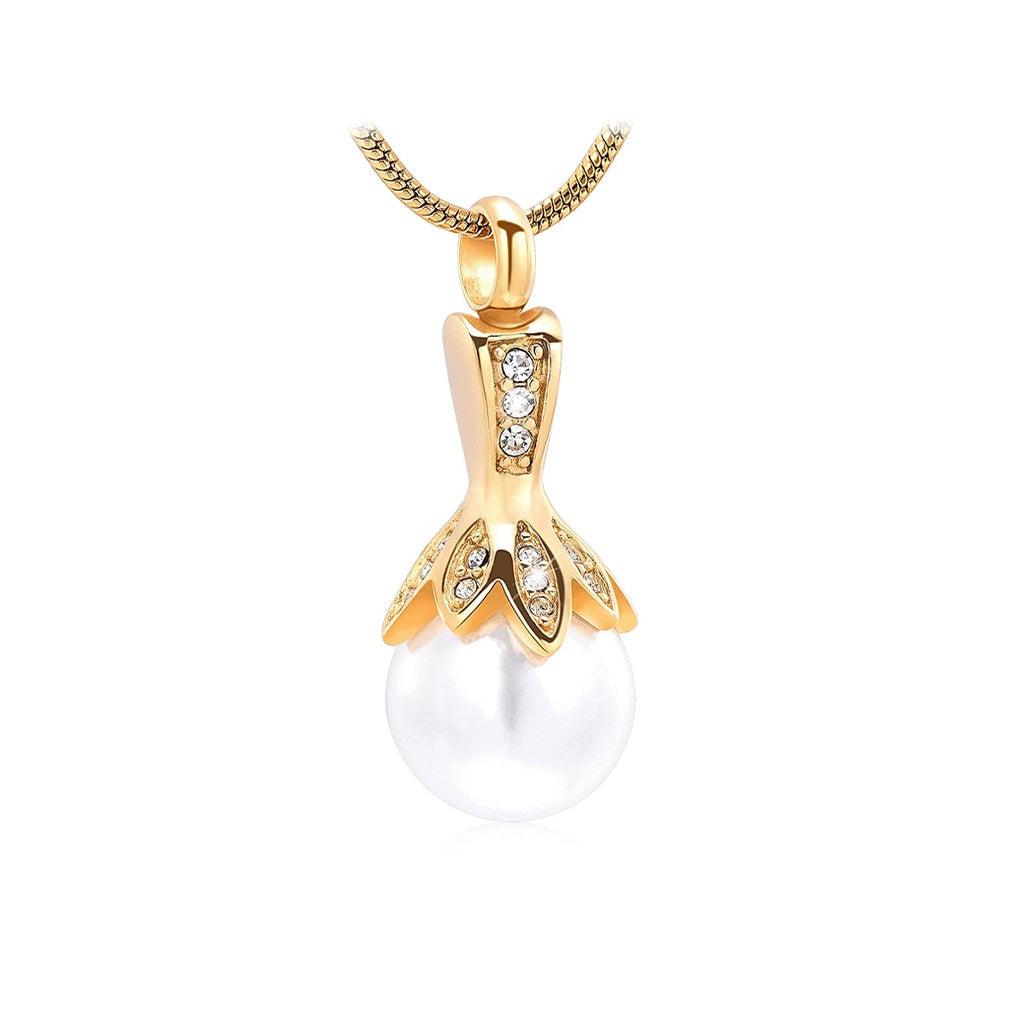 J-932 -White Pearl with Rhinestones - Gold -tone - Pendant with Chain