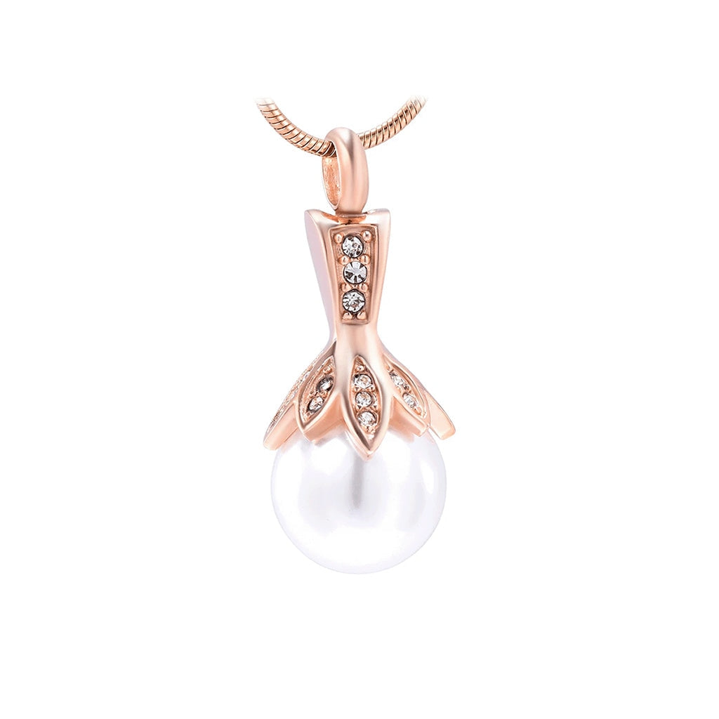 J-932 -White Pearl with Rhinestones - Rose Gold-tone - Pendant with Chain