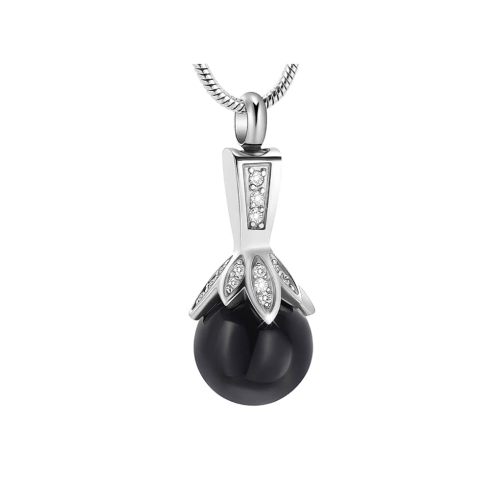 J-932 -bLACK Pearl with Rhinestones - Silver-tone - Pendant with Chain