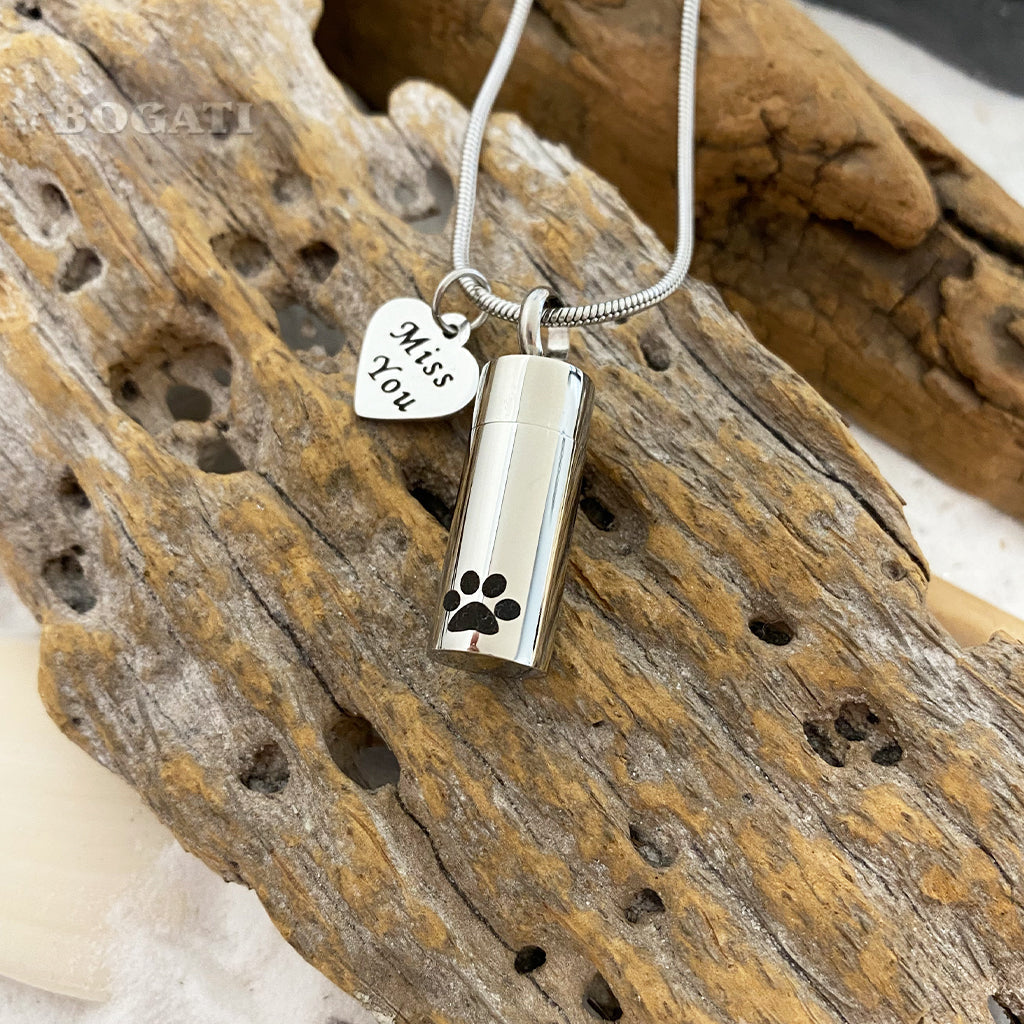 J-937 - Paw Print Cylinder with Heart Charm - Silver-tone - Pendant with Chain