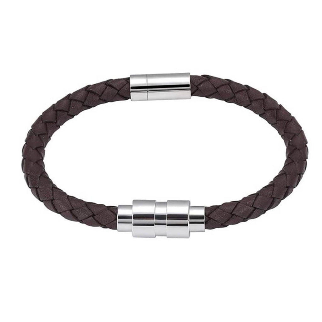 J-BRAC-06- Braided Leather Bracelet with Silver Clasp - Brown