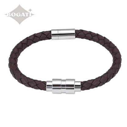 J-BRAC-06- Braided Leather Bracelet with Silver Clasp - Brown