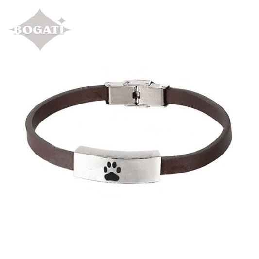 J-BRAC-07- Smooth Brown Leather Bracelet with Pawprint in Plaque - 7.25"