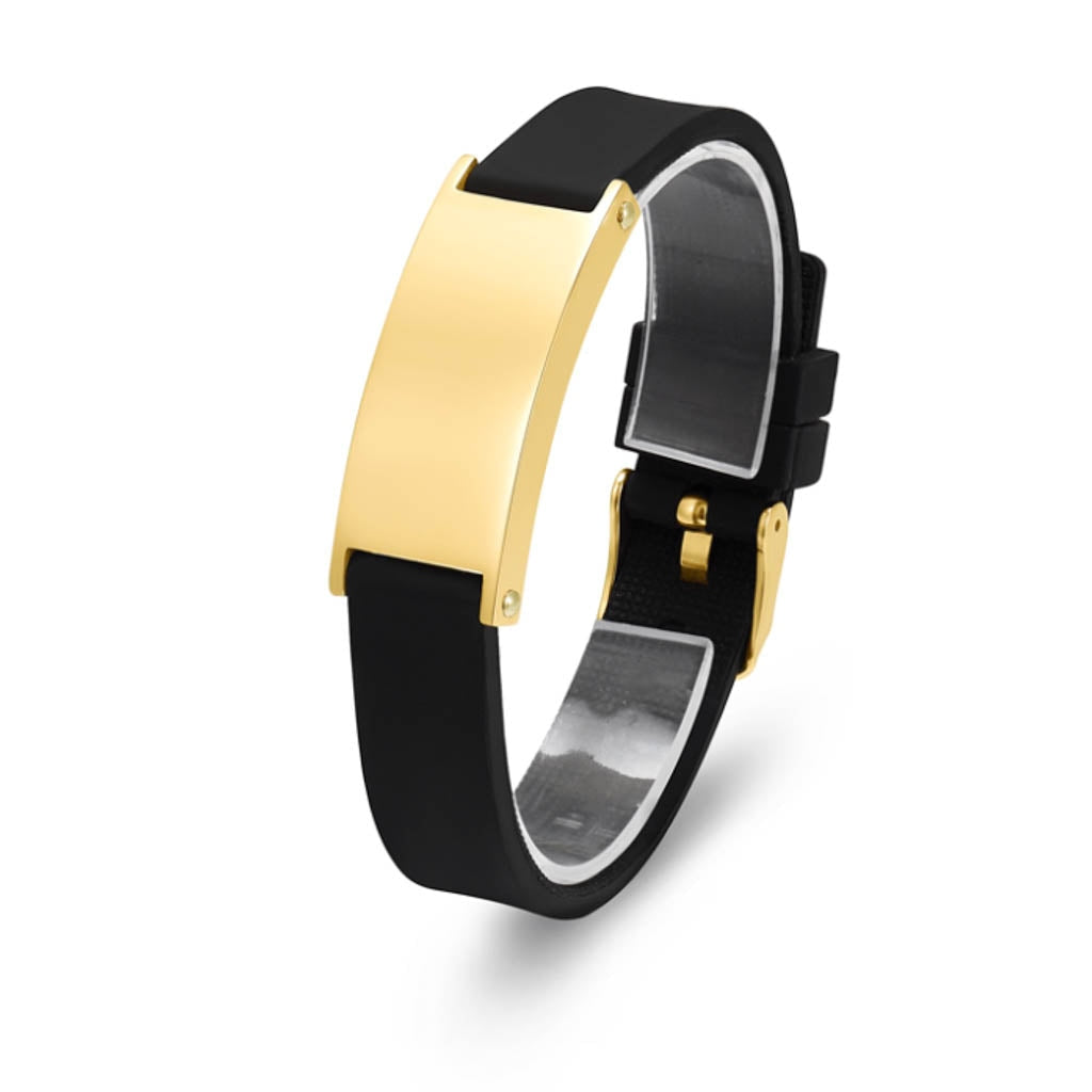 J-BRAC-10 Black Silicone Strap Bracelet with Gold-tone Plaque