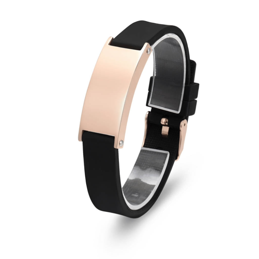 J-BRAC-10 Black Silicone Strap Bracelet with Rose Gold-tone Plaque