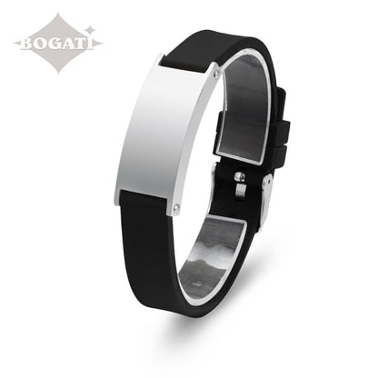 J-BRAC-10 Black Silicone Strap Bracelet with Silver-tone Plaque
