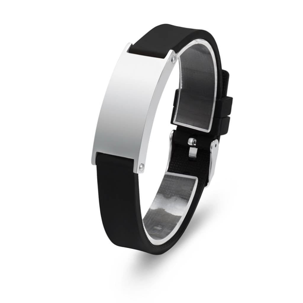 J-BRAC-10 Black Silicone Strap Bracelet with Silver-tone Plaque