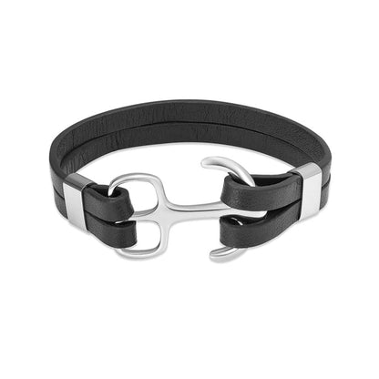 J-BRAC-14 Black Leather Bracelet with Silver Anchor - 7.5"