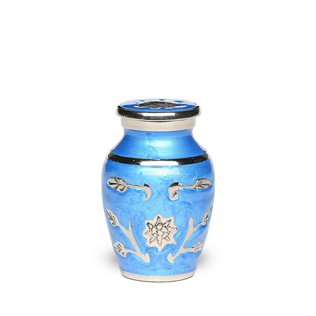 KEEPSAKE Brass urn -1500- Florentine Corn Flower Design Blue