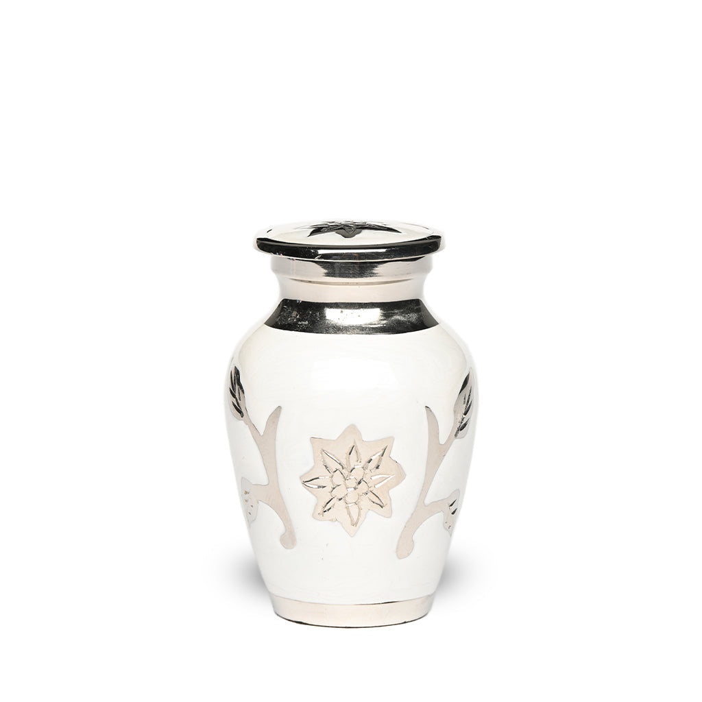 KEEPSAKE Brass urn -1500- Florentine Corn Flower Design White