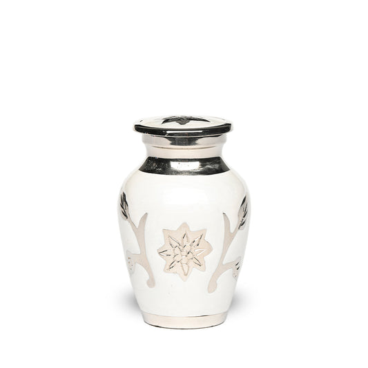 KEEPSAKE Brass urn -1500- Florentine Corn Flower Design White