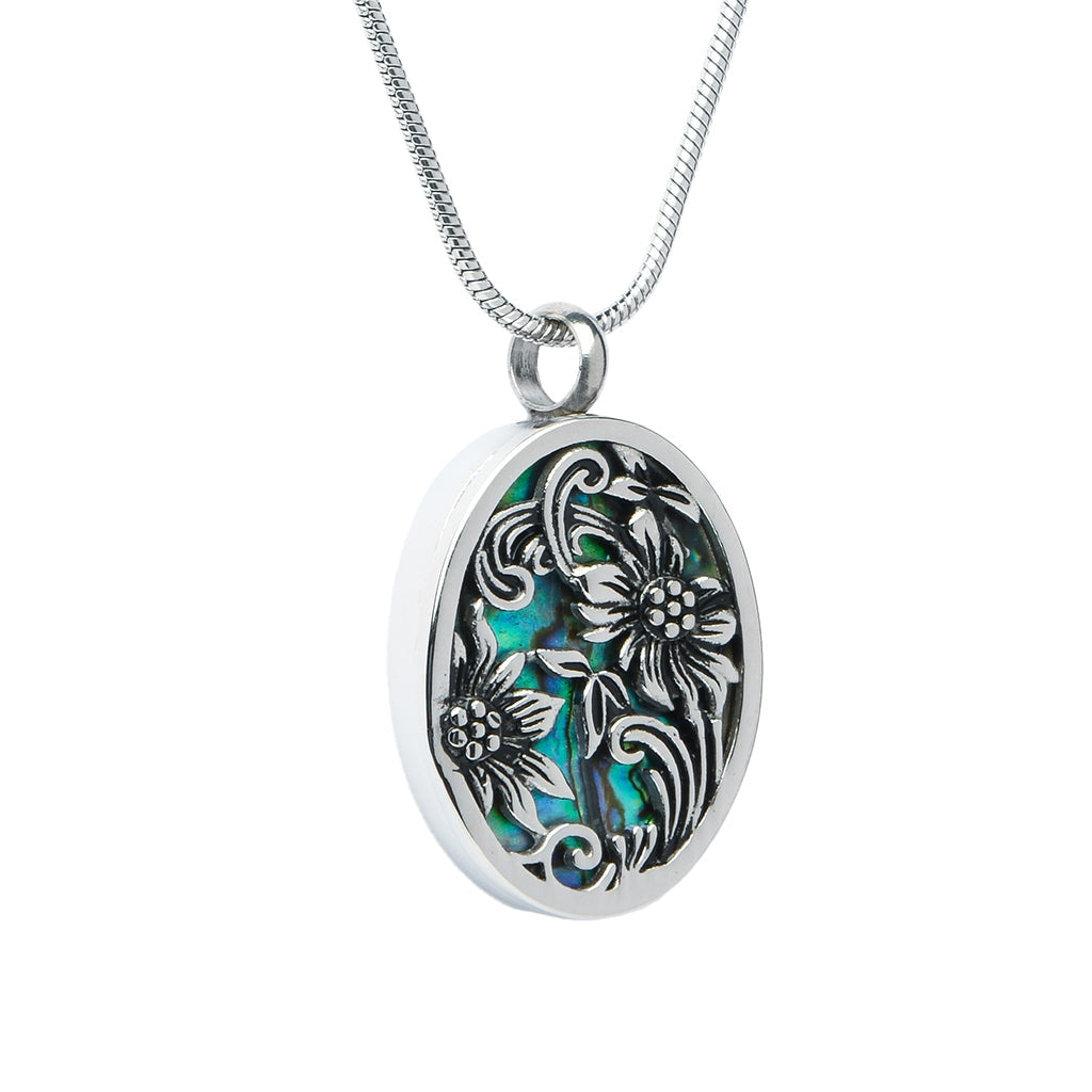 J-2108 - Oval with abalone and silver-tone flowers detail - Pendant with Chain