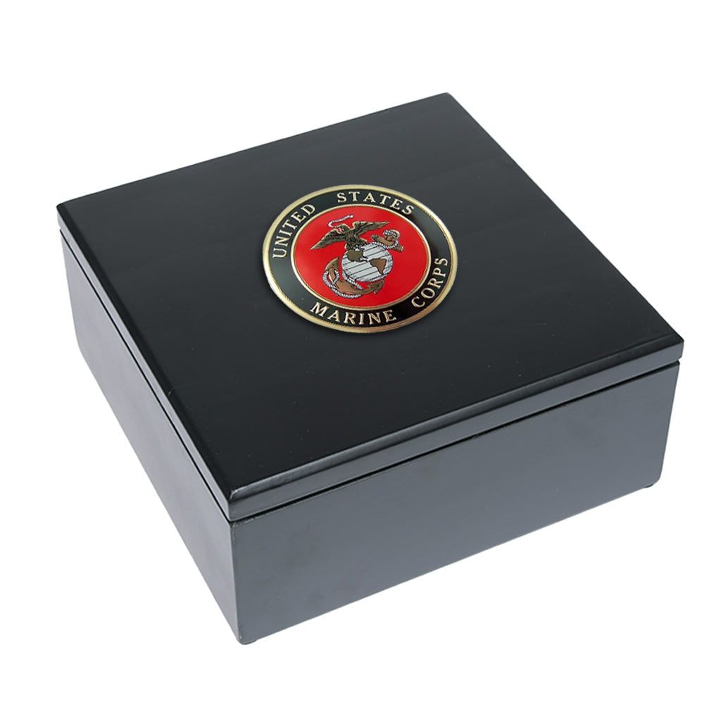 LARGE - Rubberwood Cremation Urn -1107- Black with US Military Emblem Marine Corps