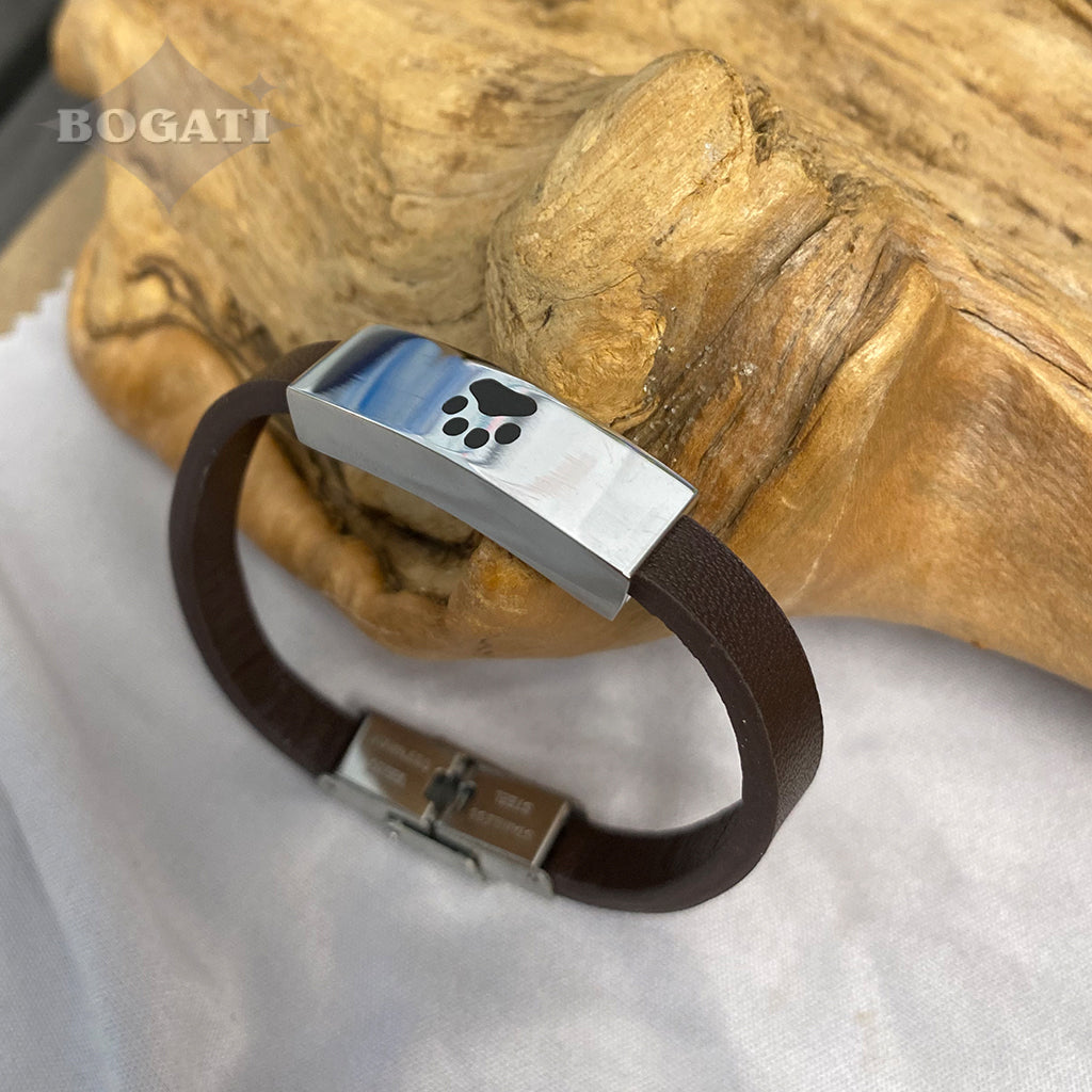 J-BRAC-07- Smooth Brown Leather Bracelet with Pawprint in Plaque - 7.25"