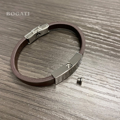 J-BRAC-07- Smooth Brown Leather Bracelet with Plaque - 7.25"