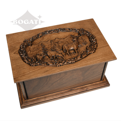 ADULT - Cherry Wood Handmade Carved Urn with Elk Mountain Scene