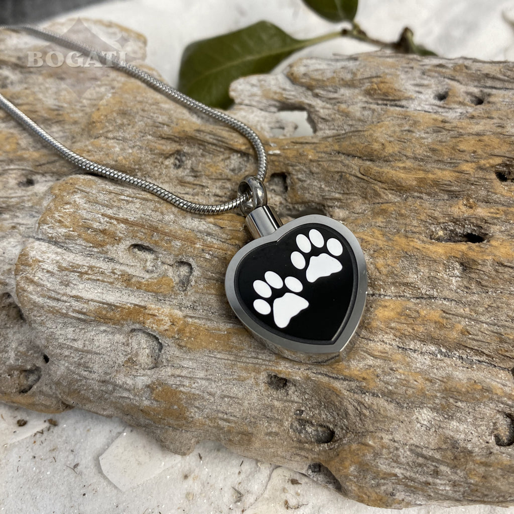 J-027 - Two White Paw Prints Heart - Black & Silver-tone - Pendant with Chain