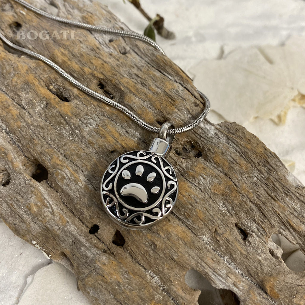 J-028 - Scroll Border Paw Print Circle - Silver & Black-tone - Pendant with Chain