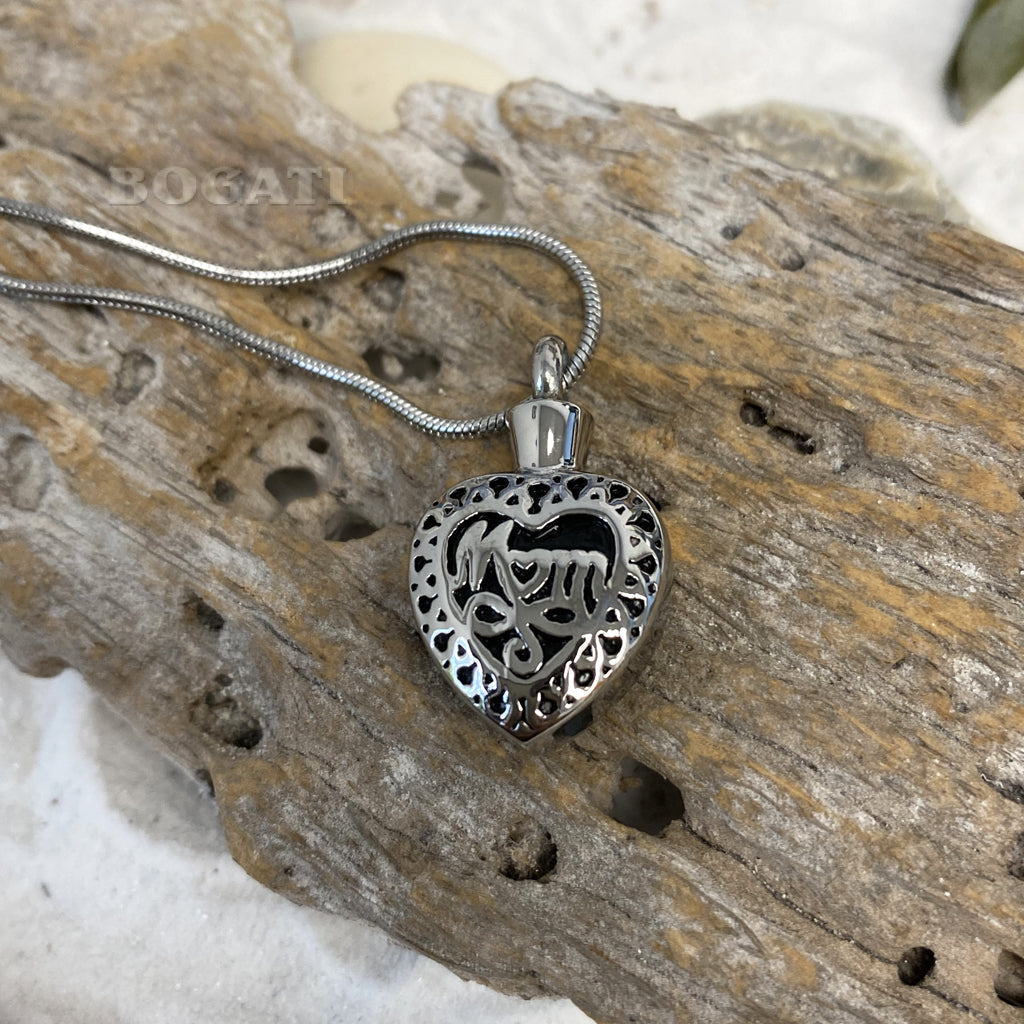 J-057 - Black & Silver Mom Heart - Silver-tone - Pendant with Chain