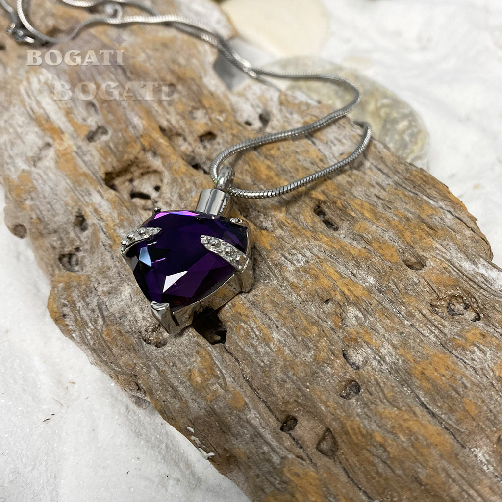 J-072 - Amethyst Heart with Crystals - Pendant with Chain