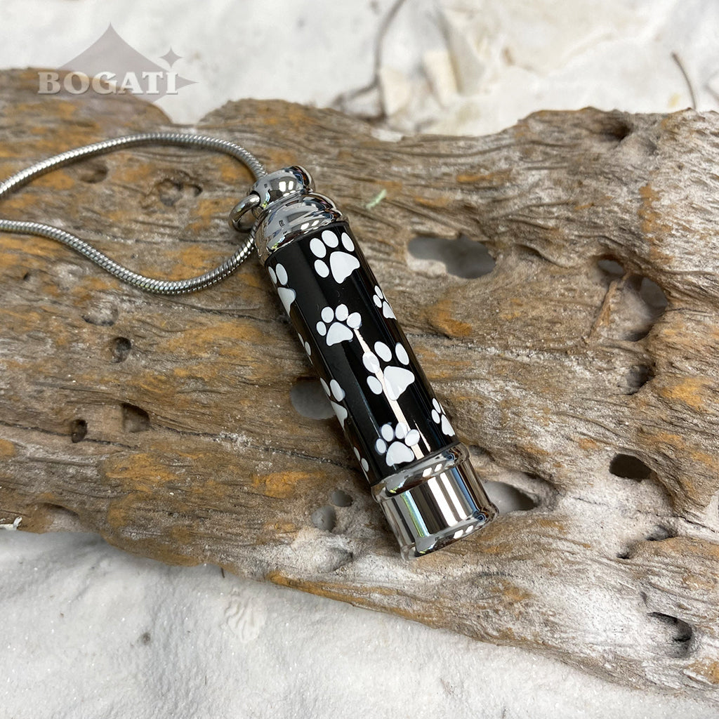 J-076 - Black Banded Cylinder with White Paw Prints - Pendant with Chain