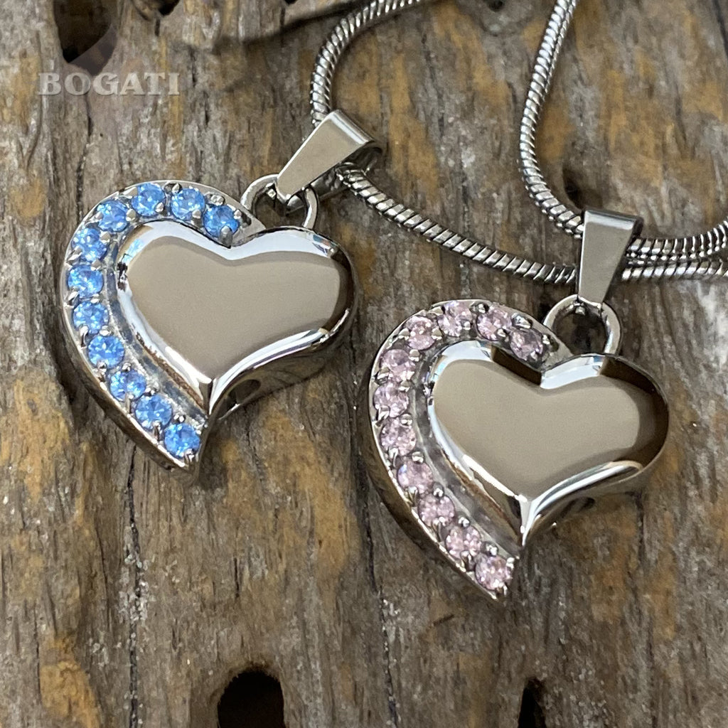 J-077 - Curved Silver Heart with Crystal Stones - Pendant with Chain