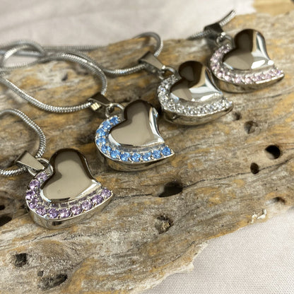 J-077 - Curved Silver Heart with Clear Stones - Pendant with Chain
