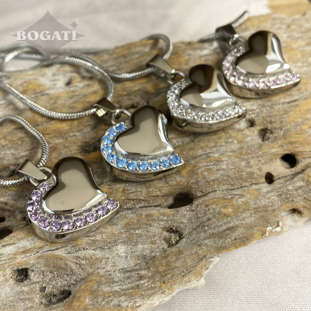 J-077 - Curved Silver Heart with Clear Stones - Pendant with Chain