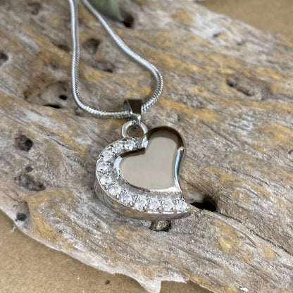 J-077 - Curved Silver Heart with Clear Stones - Pendant with Chain