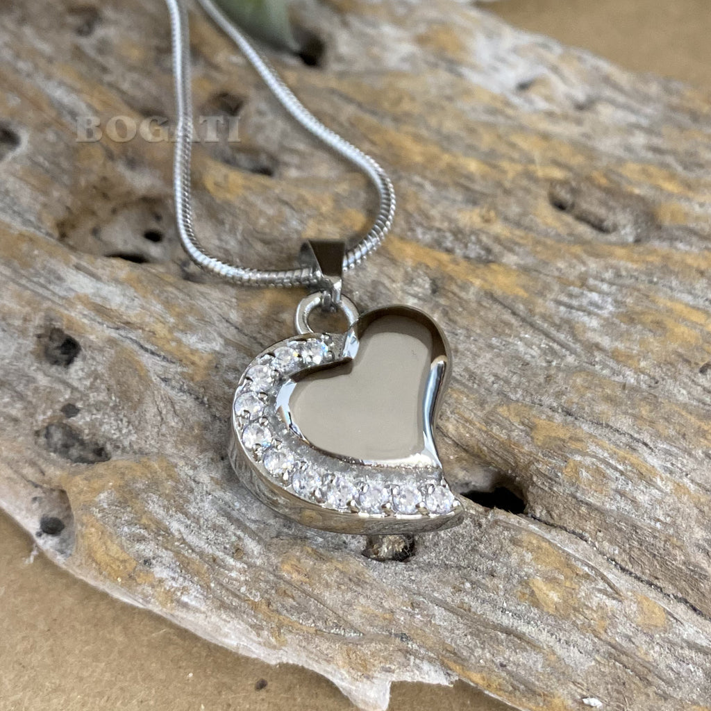 J-077 - Curved Silver Heart with Clear Stones - Pendant with Chain