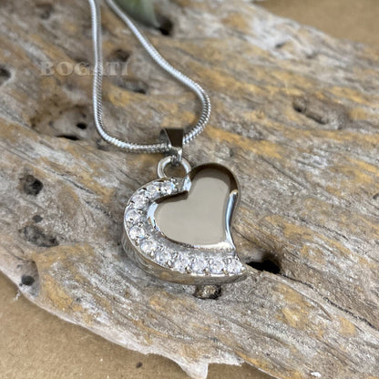 J-077 - Curved Silver Heart with Clear Stones - Pendant with Chain