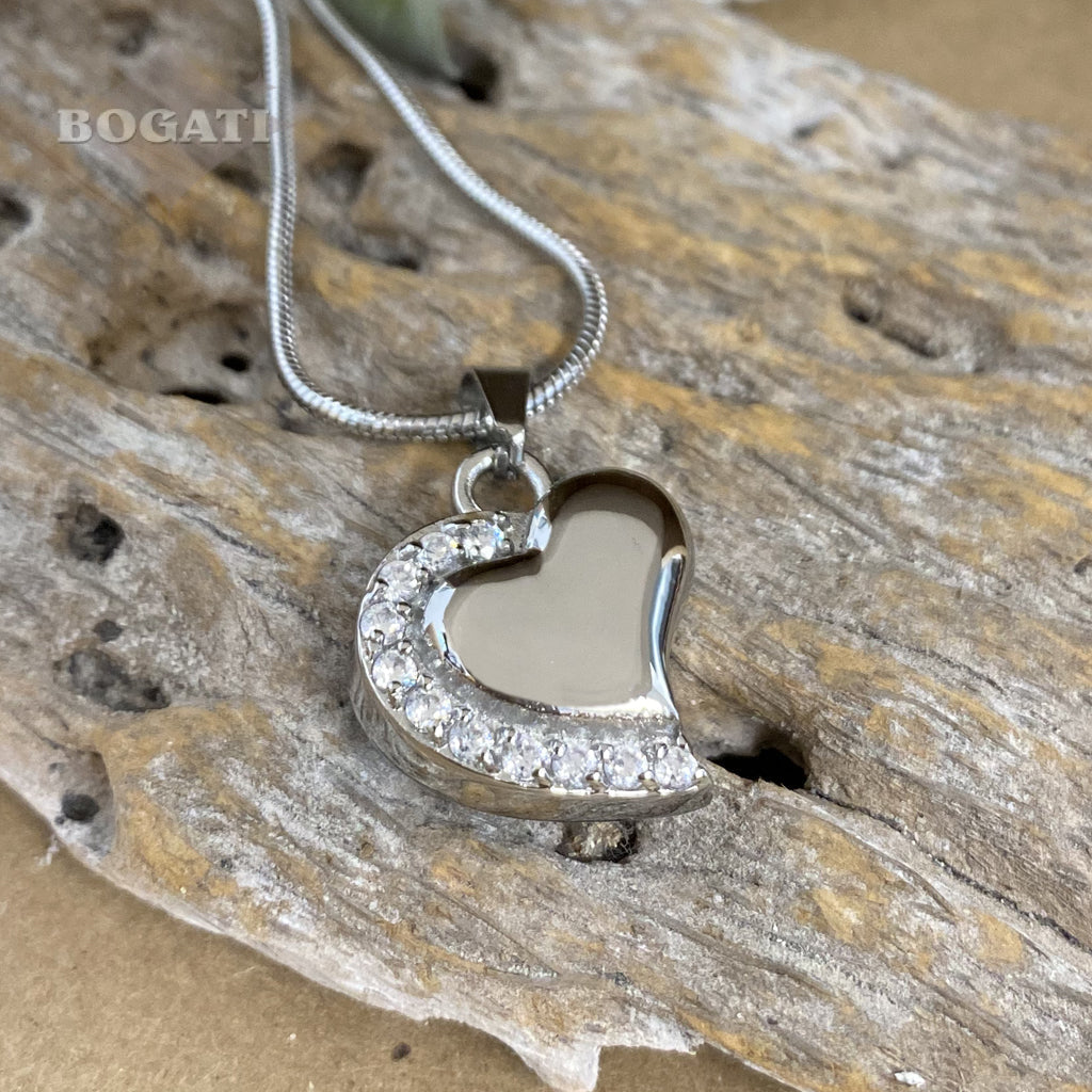 J-077 - Curved Silver Heart with Clear Stones - Pendant with Chain