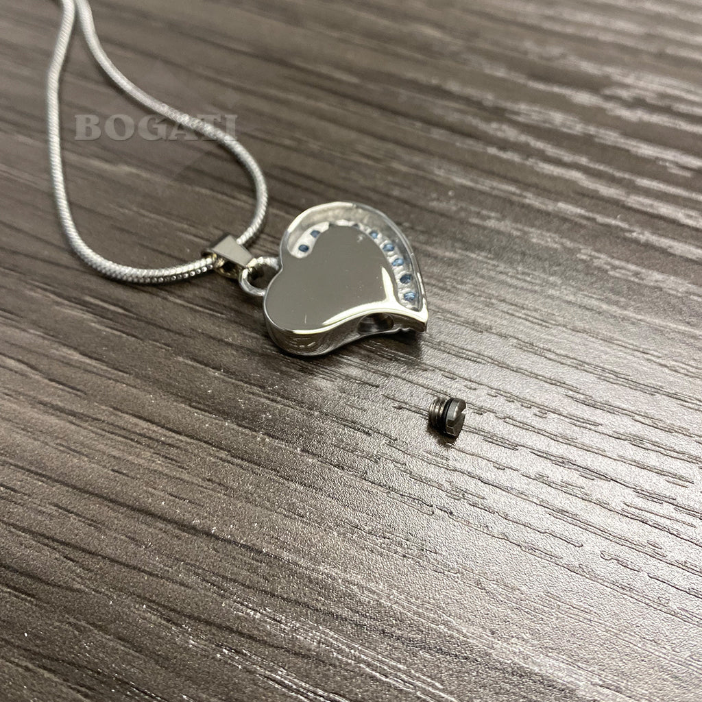 J-077 - Curved Silver Heart with Crystal Stones - Pendant with Chain