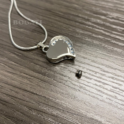opening a Curved Silver Heart with Clear Stones - Pendant with Chain