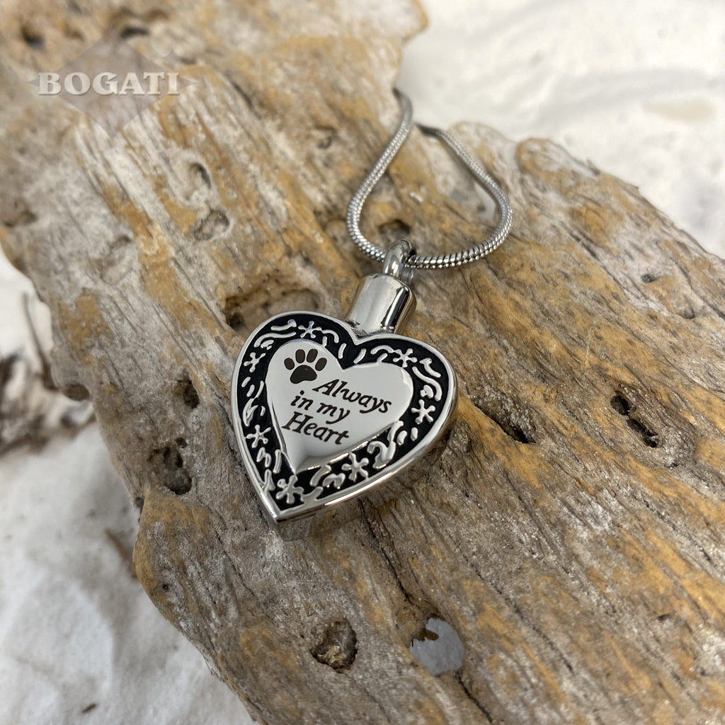 J-084 - Banded Heart with Paw Print “Always in my Heart” - Silver-tone - Pendant with Chain