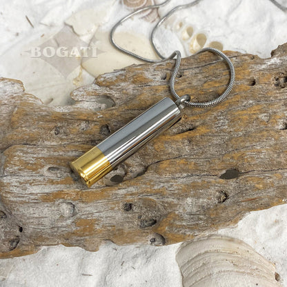 J-1030 - Shotgun Shell - Silver & Gold Tones - Pendant with Chain