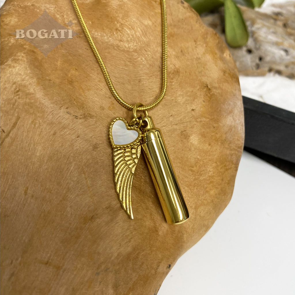 J-204 - Gold-tone Cylinder with Angel Wing and Mother of Pearl Heart - Pendant with Chain