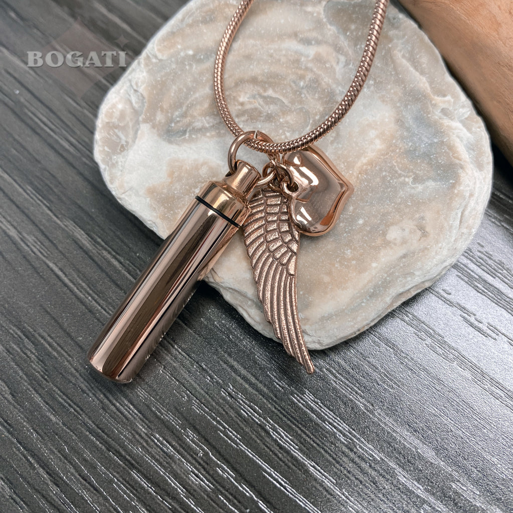 J-205 - Rose Gold-tone Cylinder with Angel Wing and Heart - Pendant with Chain