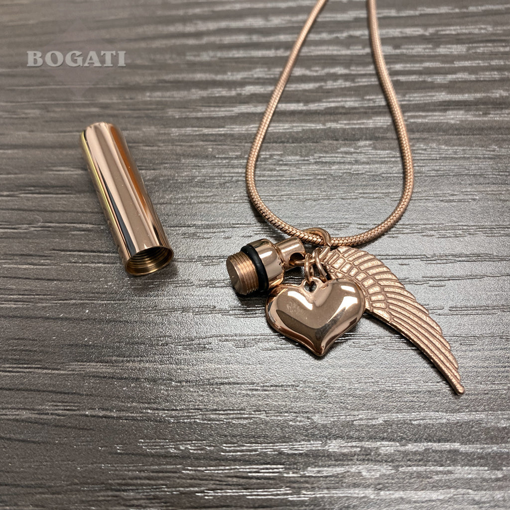 J-205 - Rose Gold-tone Cylinder with Angel Wing and Heart - Pendant with Chain