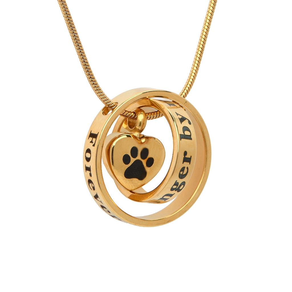 J-500 - Intertwining Rings with Heart-Paw Charm - Pendant with Chain - Gold