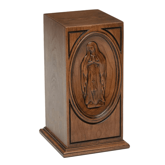 ADULT - Cherry Wood Handmade Carved Tower Urn with the Virgin Mary