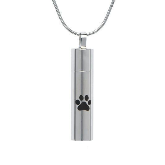 J-016 -Cylinder with Black Paw Print - Silver-tone - Pendant with Chain