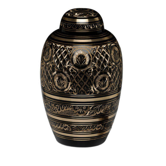 ADULT – Brass Urn -1509- Floral Etched Brass with Dome Top- Black and Gold