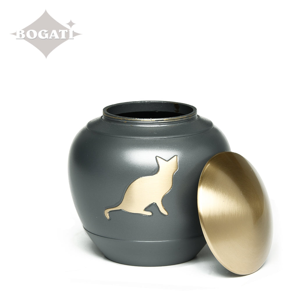 SMALL - Brass Urn -2165- Brass Cat Urn in Graphite Gray
